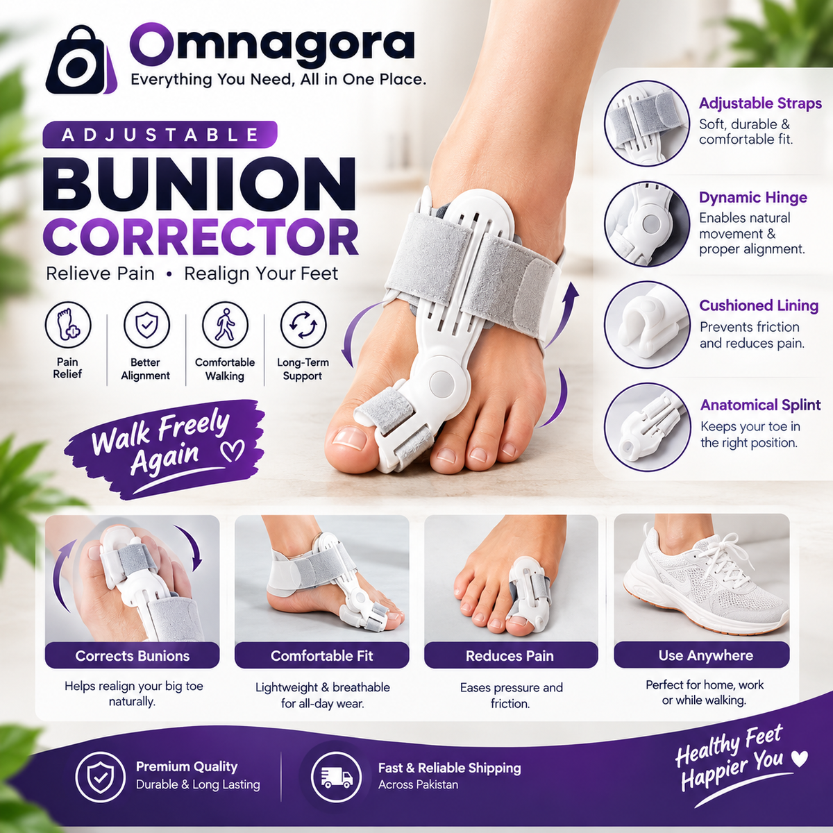 Bunion Corrector for Women & Men – Adjustable Big Toe Support Brace, Hinged Design with Cushioned Lining